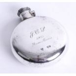 A Victorian silver hip flask with hinged top, plain bulbous body with engraving, London maker E.C.