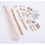 A collection of costume jewellery including ladies Seiko watch, pair of pearl style drop earrings,