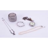 A silver cased and open faced pocket watch, an Indian white metal cuff bangle, some costume