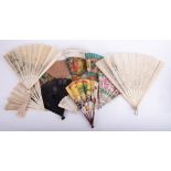 A collection of various vintage fans including BOAC, boxed Duvelleroy London carved bone/ivory