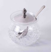 Silver plated lidded crystal jam pot/sugar bowl with separate spoon.