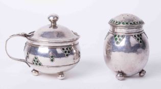 A pair Arts & Crafts white metal and enamelled salt and peppers pots, not marked.