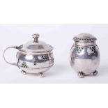 A pair Arts & Crafts white metal and enamelled salt and peppers pots, not marked.