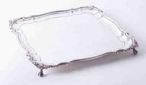 Large square silver plated salver in good condition, plain body with bead decoration and shell