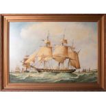 P.G.Puleston, oil on board, naïve marine scene 'shipping of a coast', signed, 53cm x 78cm, framed.
