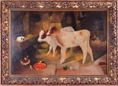 A 20th Century painting of 'Calves in a Farmyard', in a gilt frame, overall size 53cm x 73cm.