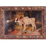 A 20th Century painting of 'Calves in a Farmyard', in a gilt frame, overall size 53cm x 73cm.