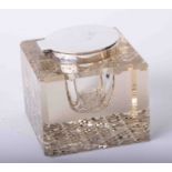 A large square silver and glass inkwell, width 9cm.