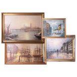 Four modern pictures of including Grimshaw style 'Evening Harbour' scene signed 'Glenn' overall size