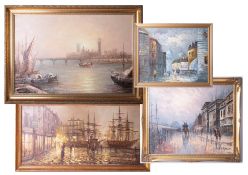 Four modern pictures of including Grimshaw style 'Evening Harbour' scene signed 'Glenn' overall size