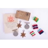 A group of four WWII medals with original OHMS box, awarded to REJ Rickard, Plymouth, complete