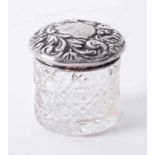 Antique silver topped crystal pot with fancy embossed lid dimensions 4cm x 4cm hallmark date