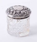 Antique silver topped crystal pot with fancy embossed lid dimensions 4cm x 4cm hallmark date