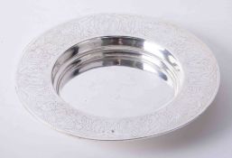 Silver communion patten with ecclesiastical engraved raised border dimensions 7.5 dia x 3cm h