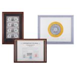 An engraved print celebrating Philadelphia Stamp Exhibition together with four framed sequential
