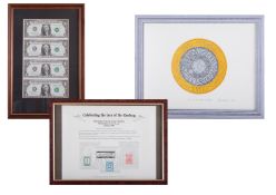 An engraved print celebrating Philadelphia Stamp Exhibition together with four framed sequential