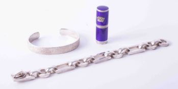 A contemporary silver bracelet and slave bangle and a silver metal & blue enamel lipstick case.