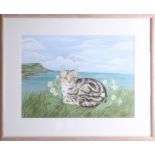 Fiona Hughes, watercolour, 'Cat', 38cm x 50cm, framed and glazed. Fiona Hughes is a Devon artist