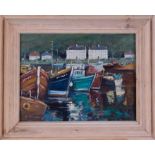 Chinese School, pupil of Xai Baili, oil on board, signed H.H.Wang?, 'Cornish Harbour Boats' 29cm x