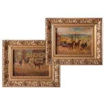 Pair of oil paintings depicting coach and horses together with rider with hounds, and other