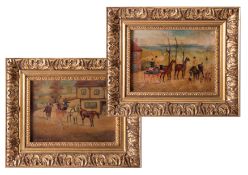 Pair of oil paintings depicting coach and horses together with rider with hounds, and other