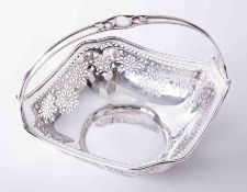 Solid silver square fruit basket with highly ornate pierced gallery, diagonal decorative ribbed