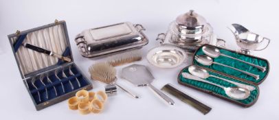 A four piece Art Deco style silver back dressing table set together with various silver plated wares