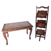 A small Indian? bone inlaid and carved side table, length 69cm, together with a similar three tier