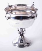 Large Geo V solid silver bowl on raised round pedestal with 4 scroll fittings to pedestal with large