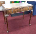 A walnut side table fitted with a single drawer on shaped legs, width 91cm together with a 19th