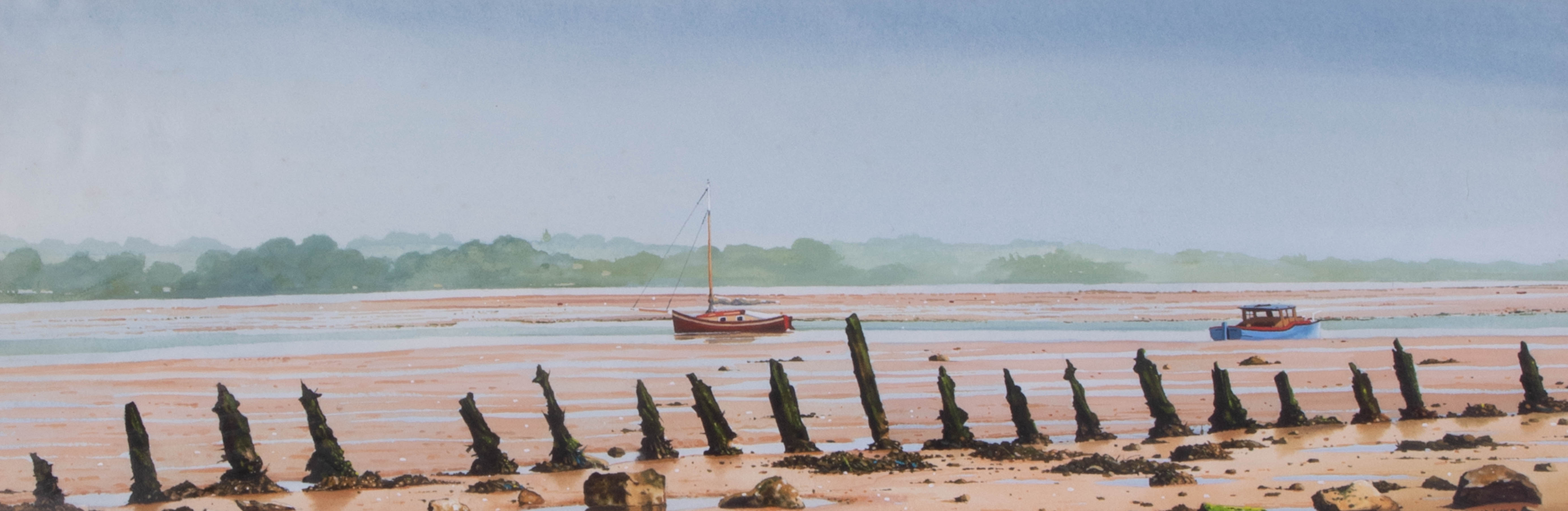 J.C.Skinner, signed watercolour 'Boats on Estuary', 16cm x 44cm, framed and glazed. - Image 2 of 2