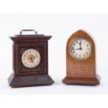 Edwardian mahogany and inlaid mantle clock, height 20cm together with a small carved oak bracket