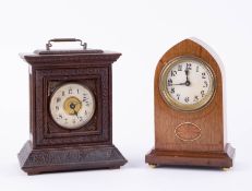 Edwardian mahogany and inlaid mantle clock, height 20cm together with a small carved oak bracket