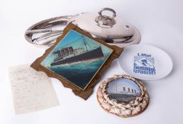 Of White Star Line interest, circular shell frame with Titanic print, Cunard Liner Lusitania