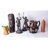 Various items including barge ware large teapot (lacks lid), stoneware bottles, African carvings,