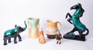 Royal Worcester figure, modern, 'Rendezvous', art pottery jug and Beswick vase, Blue Mountain