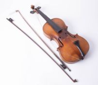 A violin with paper label 'Jacobus Stainer, ER Schmidt & Co' and two bows (as found).