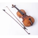 A violin with paper label 'Jacobus Stainer, ER Schmidt & Co' and two bows (as found).