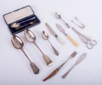 A pair of silver grape scissors, (99g) together with various silver and other flatware (12).