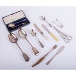 A pair of silver grape scissors, (99g) together with various silver and other flatware (12).