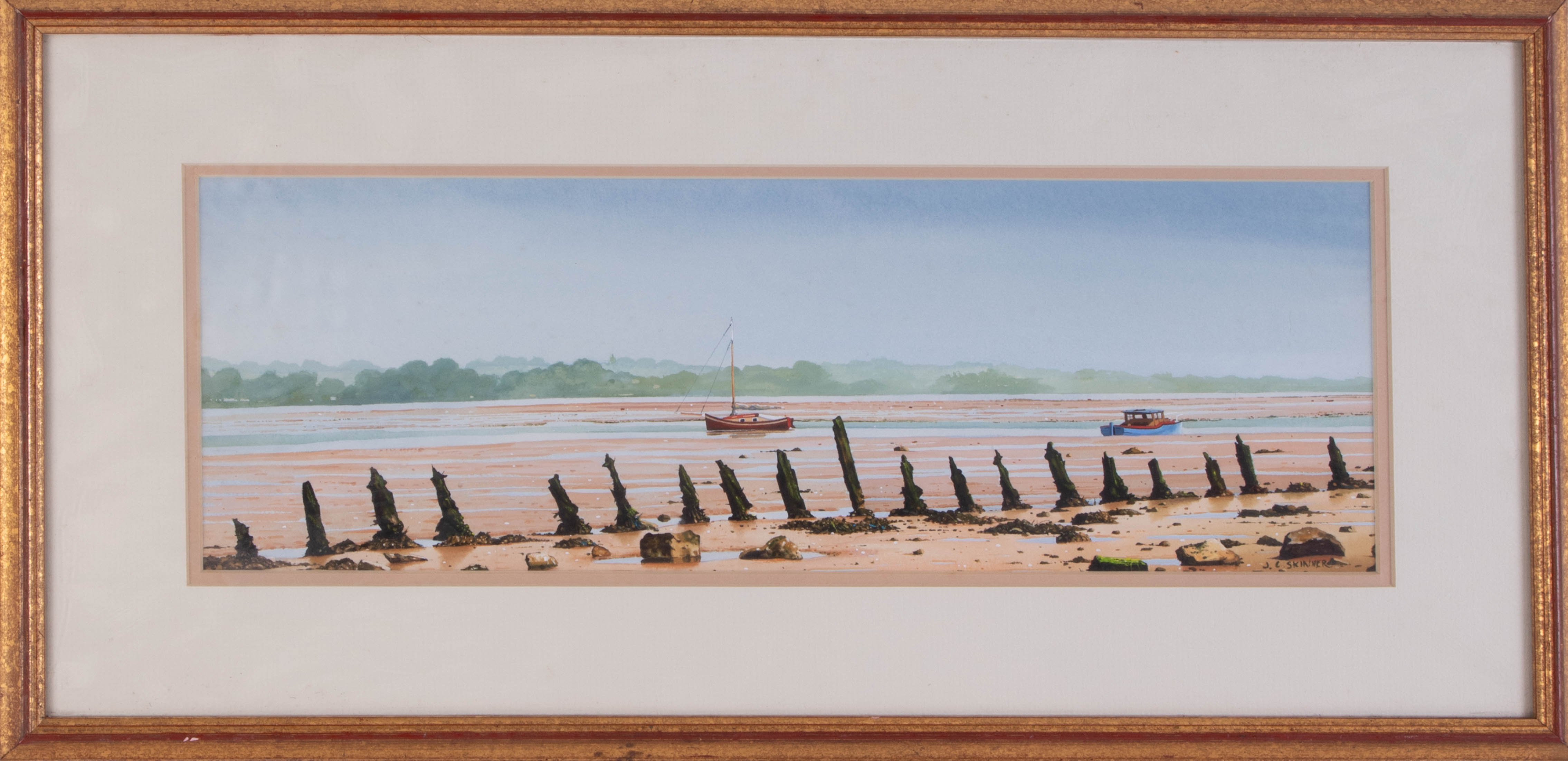 J.C.Skinner, signed watercolour 'Boats on Estuary', 16cm x 44cm, framed and glazed.