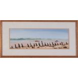 J.C.Skinner, signed watercolour 'Boats on Estuary', 16cm x 44cm, framed and glazed.