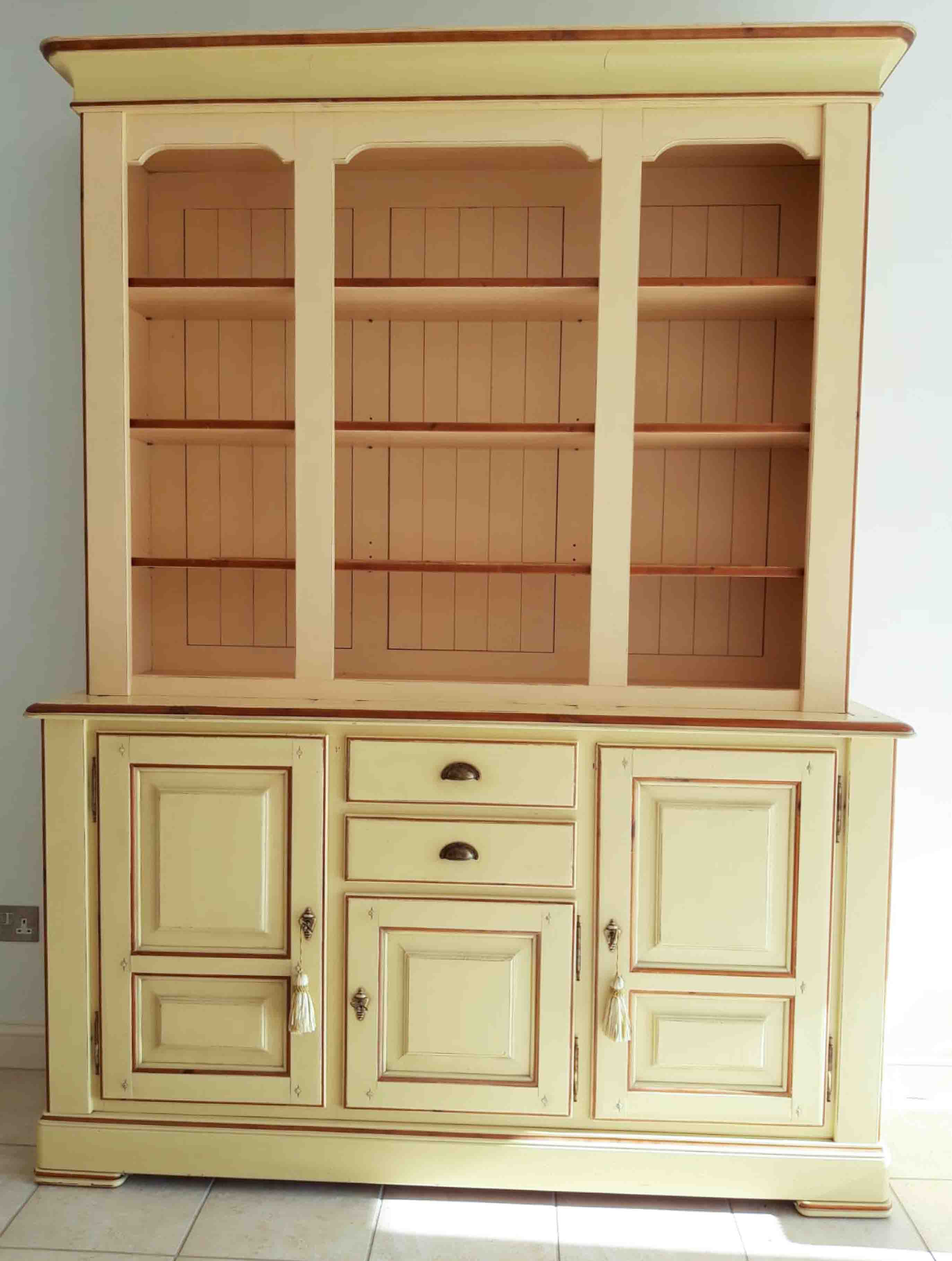 A modern French two part dresser painted in cream, width 167cm, overall height 218cm, upper