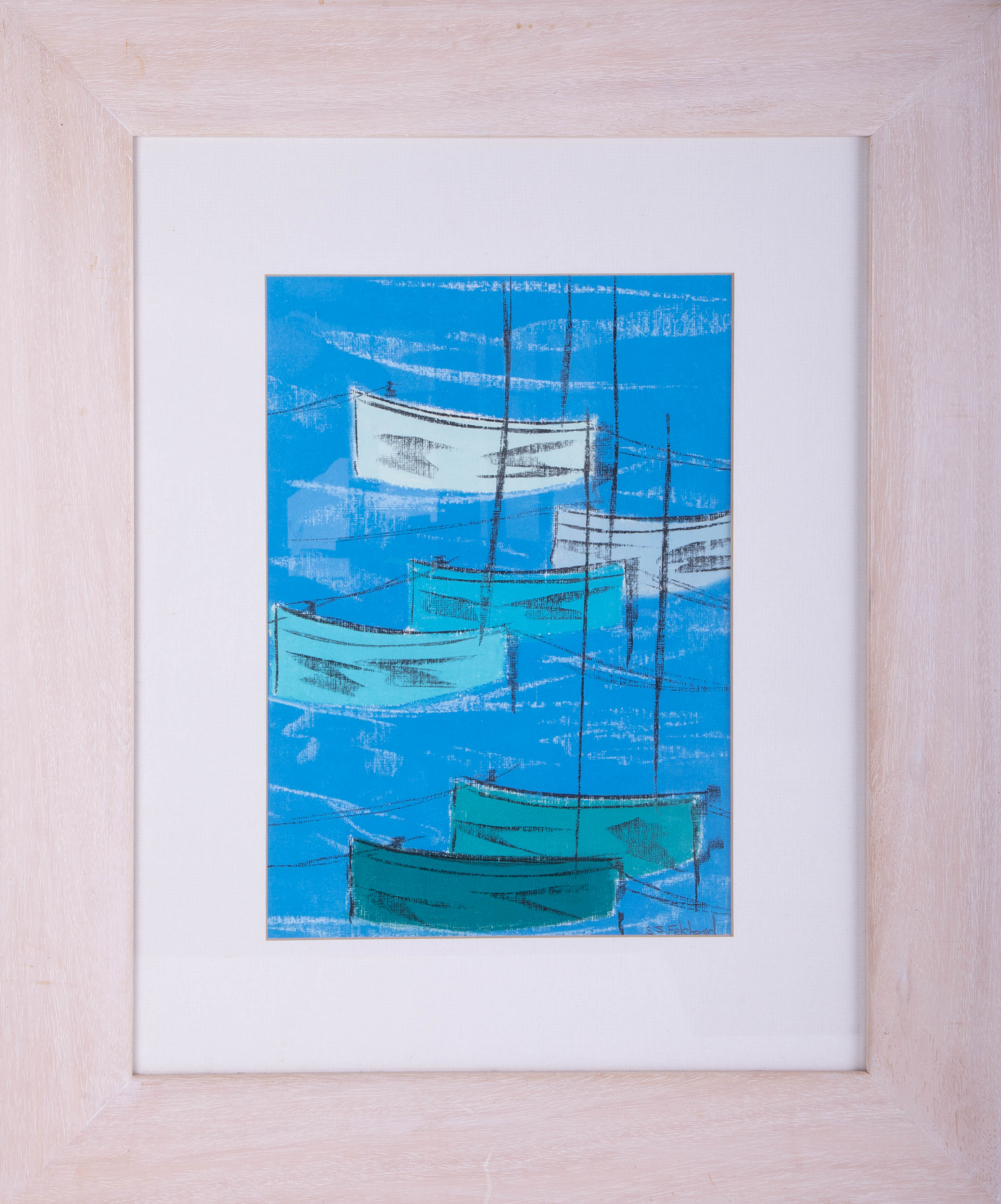 Stephen Felstead, mixed media 'Moored Boats', 33cm x 24cm, framed.
