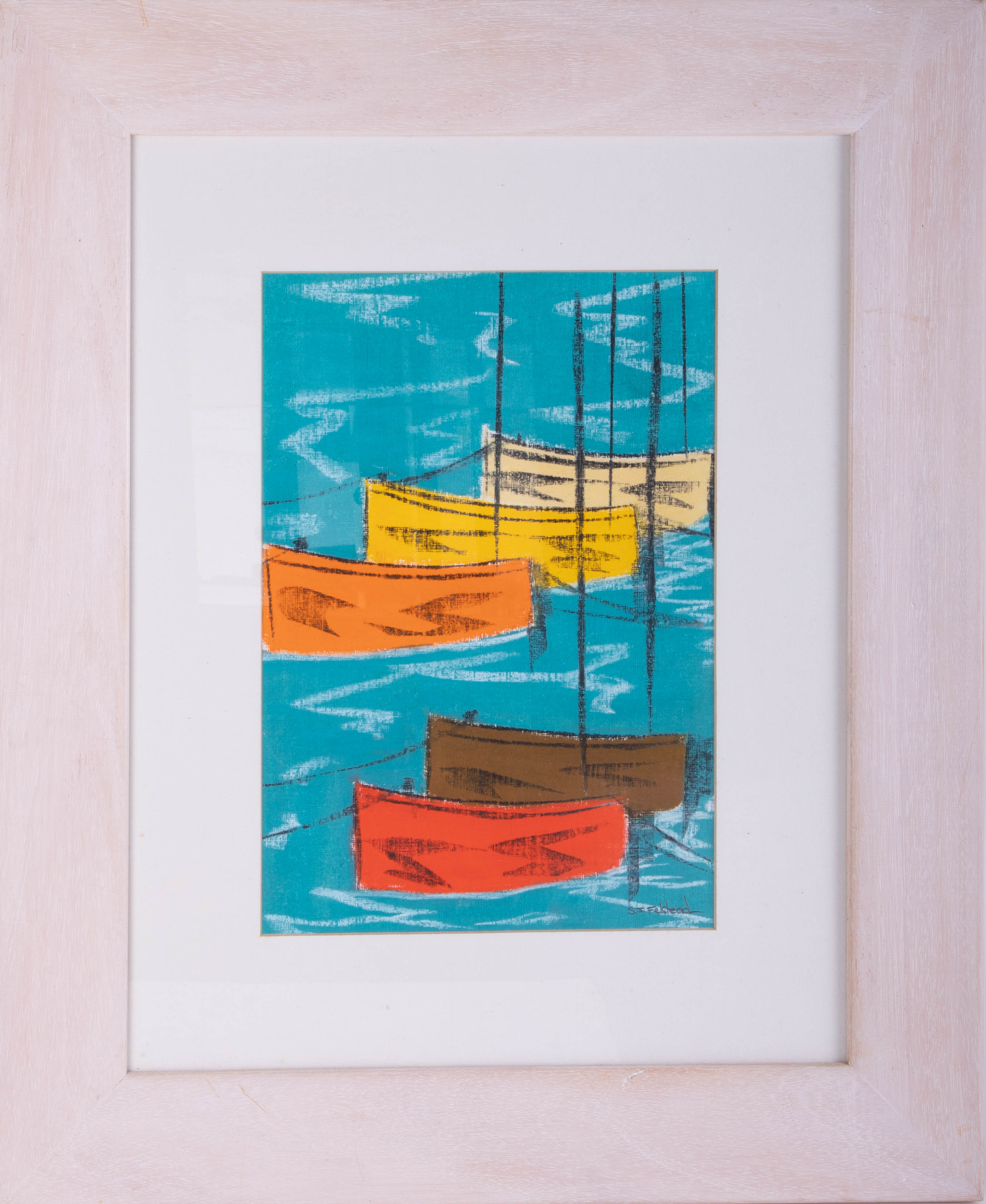 Stephen Felstead, mixed media 'Bright Boats', 33cm x 24cm, framed.