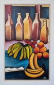 Jonah Matabola, acrylic on board 'Fruit Harvest' signed, framed, 101cm x 60cm.