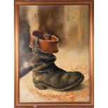 Robert Lenkiewicz (1941-2002) oil on hardboard, 'Painters Right Boot' signed, 64cm x 46.50cm. This