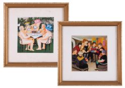 After Beryl Cook, two small open prints including Tea Party, 15cm x 15cm, framed and glazed.