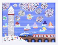 Gordon Barker (contemporary Devon artist), acrylic on paper, 'Snowy Fireworks', 29cm x 39cm, framed.