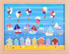 Gordon Barker (contemporary Devon artist), acrylic on paper 'Seaside Holidays', 29cm x 39cm, framed.